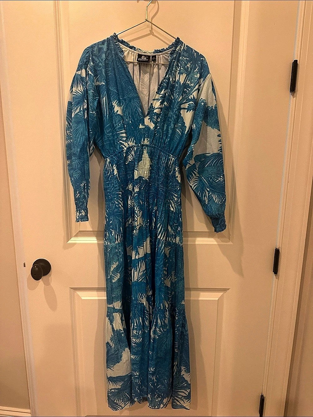 Tropical  Smocked Waist Maxi Dress Blue & Cream Floral Maxi Dress